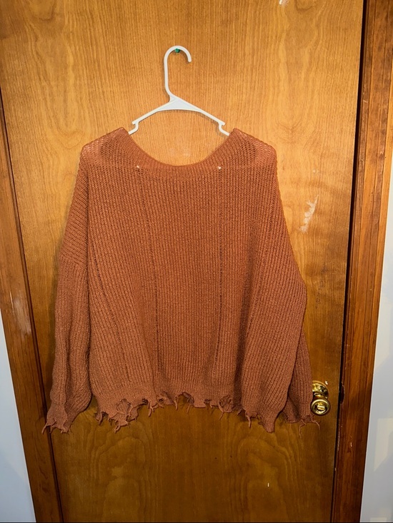 Sweaters - Relaxed Distressed Hem Knit Sweater - Rust
